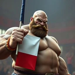 zangief from street fighter with french flag in hand 8 k hyper realistic