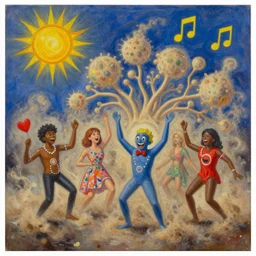 dust evolving into complex neural networks. party, 🎊 party happy dancing characters, ♥, music 🎼 ( ( ( sun ) ) ), stunning, award - winning masterpiece by marc simonetti and basquiat, oil on canvas