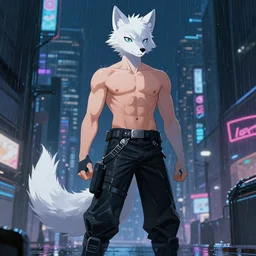 character portrait of a shirtless fit male anthro albino wolf fursona with a tail and a cute beautiful attractive detailed furry face wearing black stylish cyberpunk pants and boots in a cyberpunk city at night while it rains. hidari, color page, tankoban, 4K, tone mapping, Akihiko Yoshida.