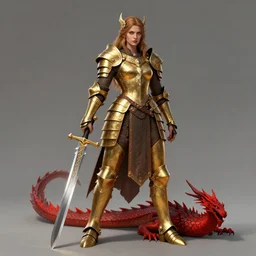 Full picture of barbarian woman in gold armour, holding a broadsword. A red dragon curls up her right leg. high fantasy, trending on artstation, arstationhd, HD