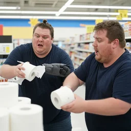 obese americans at wal - mart brawling over toilet paper, detailed facial expressions