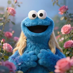 a stunning beautiful cookie monster surrounded by colourful pre - raphaelites flowers and plants, symmetric face and eyes, upper body face shot, long straight blonde hair, visible face 8 k, soft focus, melanchonic soft light, volumetric lighting, highly detailed realistic, refined, highly detailed, natural point rose'outdoor soft pastel lighting colors scheme, blu color scheme background, soft blur outdoor lighting,