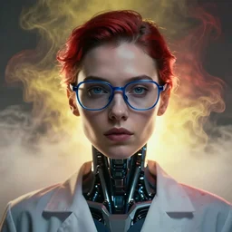 ( symmetry ) closeup portrait of a stunning cyborg female scientist, blue glasses, strong cinematic light, backlight glow, red yellow, viscous smoke, vapour, mist, by gerald brom, by mikhail vrubel, by peter elson, muted colors, extreme detail, trending on artstation, 8 k