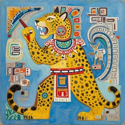 a detailed acrylic painting of mayan jaguar warrior, the artist is charles burns, alex grey, cut out collage.