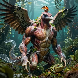 a high resolution realistic displacement portrait of a deep sea creature in a rainforest, muscles normal map creature made of cowlike class aves skin veins merged frog, bump map strangled by plastic wrap bower bird creature wrinkles pheasant, ivy complex feathers exotic morphing hoopoe, zebra morphing wings king vulture head