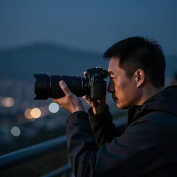 a photographer taking a picture, looking at the spectator, bokeh, background blur, close up, bluish darks