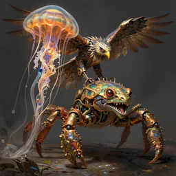 sci - fi biomechanical, colored unreal engine monster character design, fantasy. intricate jellyfish crab eagle lizard biomechanical. by ernst haeckel