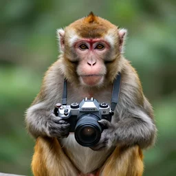 Portrait of a monkey holding a camera