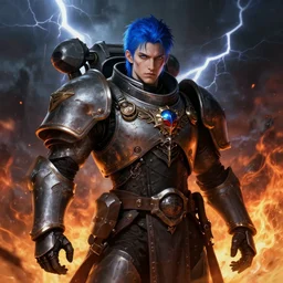 portrait of beautiful gothic and futuristic young man, warhammer, cyber armor, a lot of scars, thunderstorm and fire, blue head, the middle ages, highly detailed, artstation, illustration, more and more composision, 8 k quality, art by greg gandy, georges de la tour