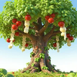 mythical tree where pizza ingredients grow, tomatoes hanging on branches, mozzarella hanging from branches, basil leaves instead of leaves, highly detailed 3 d render, full view, wide angle, bright colors, pixar render