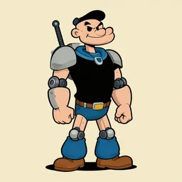 a minimalist vectorgraphic fullbody portrait shot of popeye as a mecha with robotic implants. art by jeral tidwell feat dracko velasco and beastwreck absorb 8 1. inspired by paul lewin and clogtwo. vintage lowbrow. shadowrun cartoon. graffity style reminds to chris dyer and cantwo kopak. overpainted and stylized by subjekt zero