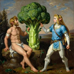 painting of zelda touching a broccoli, the painting looks like the creation of adam by michelangelo, adam is zelda, god is the broccoli
