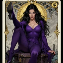 portrait of a sexy sorceress, purple shirt and skintight leggins, sitting, right leg up posing, dark fantasy, sharp focus, award - winning, masterpiece, highly detailed, intricate, by rebecca guay, rossdraws, tarot card border