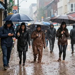 people on street get flooded on chocolate liquid rain,