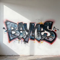 hyperrealistic rendering on very beautiful white wall with beautiful contrast of light and shadow and very dirty and big graffiti tag'aynes ', professional foto, 3 5 mm