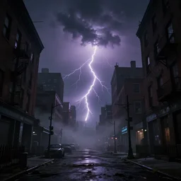 Abandoned streets of New York, dark and misty, lightning storm, vibrant colors, by Stephen King, misty, moody, sinister, cinematic lighting, cinematic color grading, 8k render, hyperrealistic, ultra HD, Unreal Engine 5 render