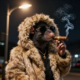 an anthropomorphic gangster rat, gta loading screen, smoking a cigar, wearing sunglasses, wearing a luxury fur coat with a fur hood, at night under the light of a street lamp