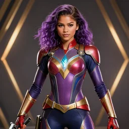 Zendaya in heroic pose with weapon, cinematic, 4k, hyper realistic, super detailed, colorful accents, purple hair, golden ratio, symmetrical face, highly detailed professional photo, centered, rim lights, vray caustics, hyper realistic