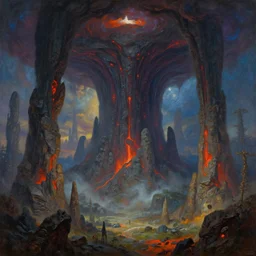 beautiful vivid dangerous alien landscape with evil looming with giant columns of volcanic rocks, by roger dean, by anton fadeev, by albert bierstadt, magical realism, oil on canvas, soft render, octane, artstation