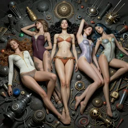 girls resting, fantasy character portrait, bikini, skirt, shorts, long shirt, bodysuit, leotard, ultra realistic, wide angle, intricate details, the fifth element artifacts, highly detailed by peter mohrbacher, hajime sorayama, wayne barlowe, boris vallejo, paolo eleuteri serpieri