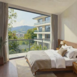 beautiful condo with large bedroom and a balcony, gorgeous nature background, realistic oil on canvas