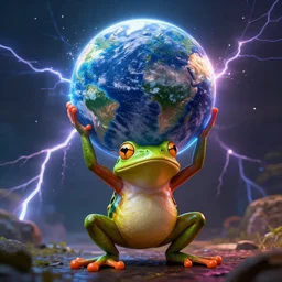 a frog with muscles lifting planet earth over its head, octane render, cinematic rendering, dramatic lightning, visual effects, impressive, colorful, 8 k