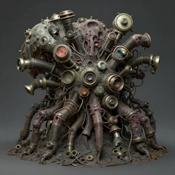airbrushed cambrian explosion with machinery hot buttons & wires alex ross, simon bisley fine art masterpiece baked at 3 0 0 f, matte painting, cold lighting, aged with patina, award winning horror, photorealistic render, cinematic