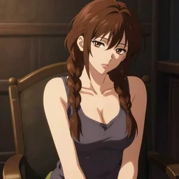 beautiful woman with braided brown hair, wearing a low cut tanktop, sitting in a chair, dim color palette, in the style of greg rutkowski, high quality anime artstyle, intricate