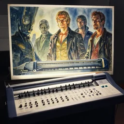 watercolor control panel of rugated knives machine by richard corben, boris vallejo, bernie wrightson, ian miller, boris vallejo, & albrecht durer, fine art masterpiece baked at 3 0 0 f, matte painting, backlit dystopian lighting, photorealistic render, cinematic,