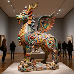 etablishing wide view shot of stunning colorful intriguing polished painted massive clay * poetic * sculpture of a mythic creature animal by * beth cavener * in museum. ellen jewett, beth cavener, sayaka ganz, edouard martinet, john o'reilly and judith klausner