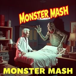 a mad scientist is working in his lab late at night. he sees that his monster has eerily risen up from its slab - shaped bed, and is dancing the monster mash. color cinematic still from a kitschy 1 9 6 0 s horror movie.