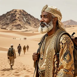 forest whitaker ancient libyan, curled beard, trecking, desert, mountain, intricate, elegant, highly detailed, artstation, sharp focus, illustration, orientalism, bouguereau, mandy jurgens, rutkowski, mucha