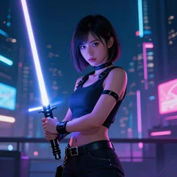 a girl holding a lightsaber in a neon cyberpunk city at night, art station, digital art, cinematic, artgerm
