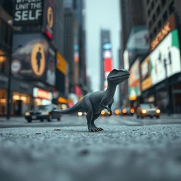 award winning photo by saul leiter of a tiny gray dinosaur standing in times square, tiny gaussian blur, insanely detailed, insanely intricate, depth of field, low contrast, snowy, wide aperture