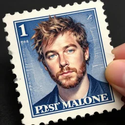 a closeup photorealistic illustration of post malone displaying a vintage american postage stamp with his face on it. fine detail. this 4 k hd image is trending on artstation, featured on behance, well - rendered, extra crisp, features intricate detail, epic composition and the style of unreal engine.