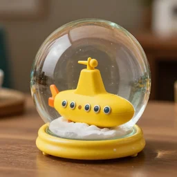 yellow submarine inside a snowglobe on a table, photograph