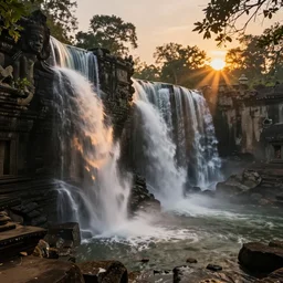 angkor wat with water falls, sunset magic hour backlit photography