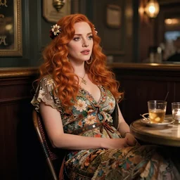 sophisticated Christina Hendricks as a flower hippie relaxing in a smokey Paris tavern, elegant, highly detailed, shallow depth of field, concept art, Artstation, Artgerm, Donato Giancola, Joseph Christian Leyendecker