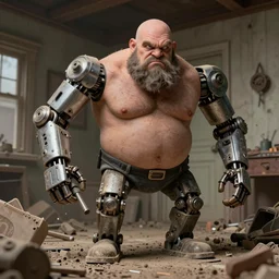 mechanical powertool limbs attached to grumpy chunky bald handyman, mechanical powertools as hands, unkept facial hair, wrecks dusty old home, full body, hyperrealistic absurdist digital art masterpiece, highly detailed neo pop surrealism, jason limon kay sage hannah yata, dramatic lighting, low angle, uhd 8 k, sharp focus