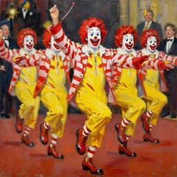highly detailed painting of a group of ronald mcdonalds with red afros, white facepaint, red noses and yellow waltzing gracefully at a prestigious event by william turner, by greg rutkowski, by william constable, thick brush strokes and visible paint layers, 4 k resolution