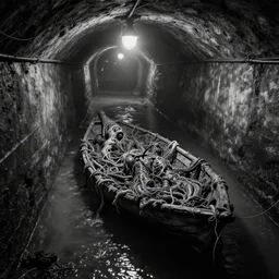 b & w inks sewage tunnels with primitive bug viscera raft, of rotten flesh, syd mead, enric torres, hyper realism, narrative light, muted colors, epic, hyper detailed, awe inspiring, award winning horror, torch lighting, hyper realism, cinematical