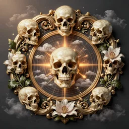 beautiful classical holy decorative ornament, sacred skulls, acanthus scrolls, lilies, ivy, anatomy, energy, geometry, magnolia, bones, petals, stems, clouds, fibonacci rhythm, artstation, art germ, wlop