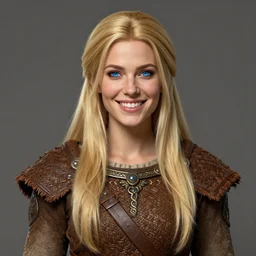 portrait, 30 years old women :: fantasy :: blue eyes, long straight blonde hair, beeing happy, smiling :: attractive, symmetric face :: detailed woven brown medieval clothing, natural materials :: high detail, digital art, RPG, concept art, illustration