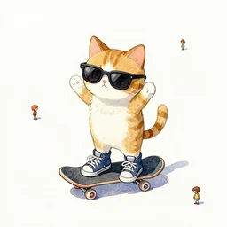 cute and funny, a cat standing on its back legs, wearing high top sneakers and sunglasses, riding a skateboard, ratfink style by ed roth, centered award winning watercolor pen illustration, isometric illustration by chihiro iwasaki, edited by range murata, tiny details by artgerm and watercolor girl, symmetrically isometrically centered
