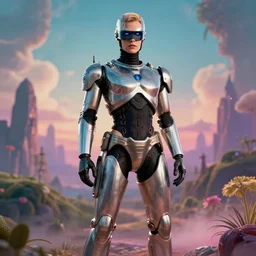 Masterpiece full body portrait of a beautiful feminine Ripley faced Robocop with a thin waist and thigh gap in a surreal dream landscape, cinematic lighting, 8k