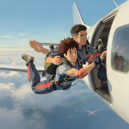 skydivers are getting on the plane, portrait, close view, painting by craig mullins, octane rendering, soft morning lighting, wide angle lens, in the style of hayao miyazaki, trending on artstation,