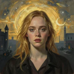 Elle Fanning in the painted world of RE7, head and shoulders masterpiece, apocalypse, golden hour, cosmic horror, artstation, in the style of Andrew Wyeth and Edward Hopper and Bosch, extremely detailed