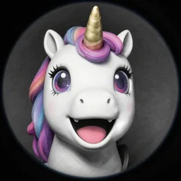 A Cybernetic Lifeform Face, Super Happy expression, Charcoal Art, Photography, Fisheye Lens, Unicorn Color Scheme by Yoshitaka Amano