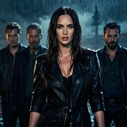 megan fox cinematic portrait, volumetric lighting, stormy night, contrast, rain, jesper ejsing, artgerm, petros afshar, tom whalen