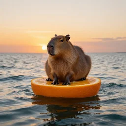 ​a capybrara sitting on a big orange half of it is floating in the middle of the ocean at sunset